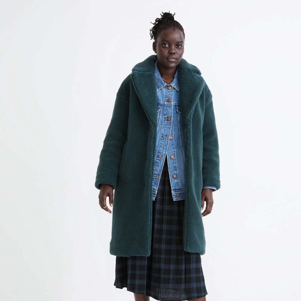 Madewell Sherpa Teddy Coat in Smoky Spruce